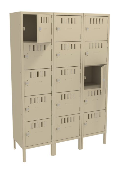 vaik9gmqo6ejvxy0zujj.jpg A beige metal locker unit with three columns and multiple compartments. Some locker doors are open, revealing the interior. Each door has ventilation slots and a lock mechanism. The unit stands on four metal legs.