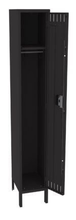 A tall, black metal locker stands with its door open, revealing an empty interior. The locker has a shelf and a hanging rod inside. The door has slits for ventilation and a lock mechanism on the right.