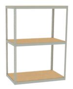 A gray metal shelving unit with three wooden shelves. The frame is perforated, allowing adjustable shelf heights. The design is simple and functional, suitable for storage in garages or workshops.