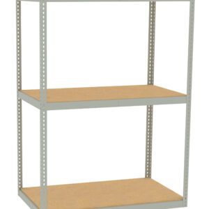 A gray metal shelving unit with three wooden shelves. The frame is perforated, allowing adjustable shelf heights. The design is simple and functional, suitable for storage in garages or workshops.