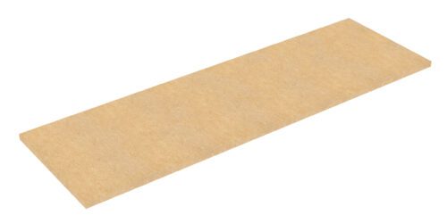 Rectangular piece of medium-density fiberboard (MDF) with a smooth, light brown surface, viewed from an angle against a white background.