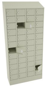 A large beige, metal locker unit with multiple square compartments. Several doors are open, revealing empty spaces inside. The locker is free-standing and angled slightly to the left.