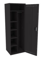 Open black metal storage cabinet with four shelves on the left and a hanging rod on the right. The right door is fully open, showing interior spaces, and features a key lock. The design is simple and industrial.