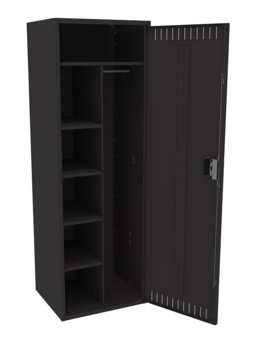 Open black metal storage cabinet with four shelves on the left and a hanging rod on the right. The right door is fully open, showing interior spaces, and features a key lock. The design is simple and industrial.