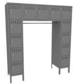 A metal locker unit shaped like an inverted U, featuring two vertical columns each with six compartments and a top horizontal section with five compartments. Each compartment has ventilation slots and a locking mechanism.