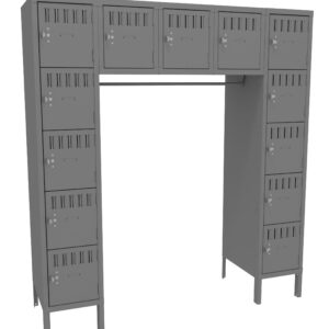 A metal locker unit shaped like an inverted U, featuring two vertical columns each with six compartments and a top horizontal section with five compartments. Each compartment has ventilation slots and a locking mechanism.