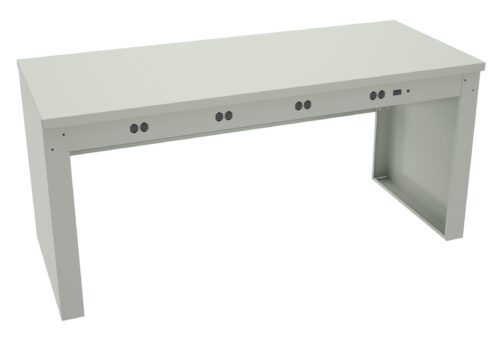 vbgwjehezsdhynrn66md.jpg A minimalist, rectangular, light gray metal desk with a smooth surface and open sides. The desk features multiple round cable management holes on its front panel.