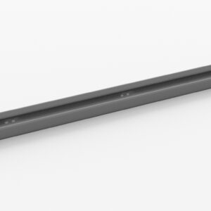 A long, gray metallic rail with a straight, slender design on a plain white background. The surface appears smooth with subtle indentations along its length.