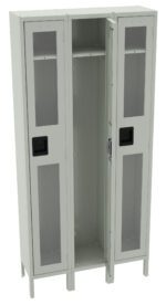 A gray metal locker with three vertical compartments. Each door features a rectangular window pane and a black handle. The middle compartment door is open, revealing interior shelves. The locker is elevated on four legs.
