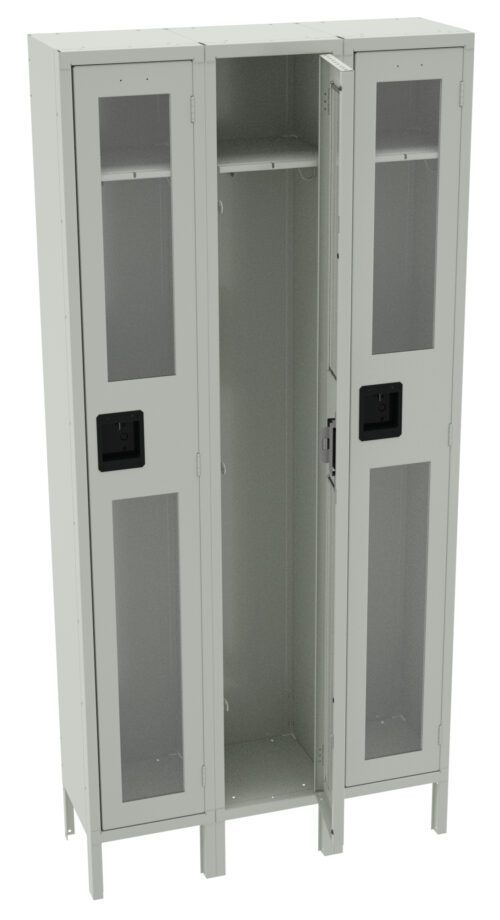 A gray metal locker with three vertical compartments. Each door features a rectangular window pane and a black handle. The middle compartment door is open, revealing interior shelves. The locker is elevated on four legs.