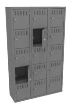 A metal locker unit with three vertical columns and five horizontal rows of compartments. Some doors are slightly open, revealing empty spaces inside. The lockers are gray and feature ventilation slots.