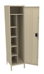 A beige metal locker with a single open door. The locker has several shelves on the left side and a hanging rod on the right, designed for storage and organization.
