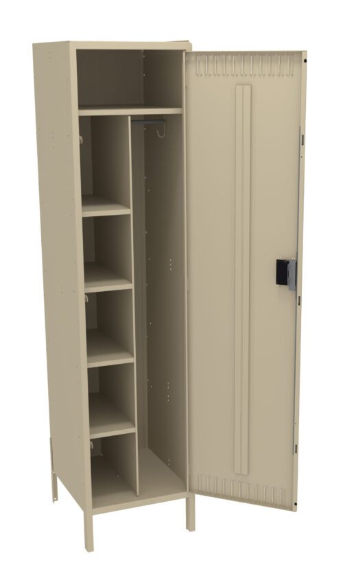 A beige metal locker with a single open door. The locker has several shelves on the left side and a hanging rod on the right, designed for storage and organization.
