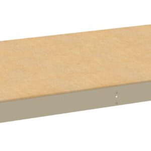 A rectangular wooden shelf with light brown wood and gray metal edges, viewed from above at a slight angle. The design is simple and flat.
