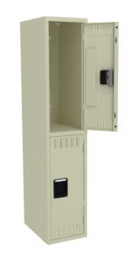 A beige metal locker with two compartments is shown. The top compartment door is open, revealing its empty interior, while the bottom compartment door is closed, featuring a handle and ventilation slits.