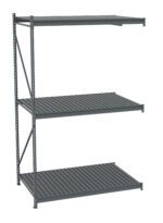 Industrial metal shelving unit with three spacious horizontal shelves, supported by vertical beams and diagonal braces. The shelves appear to be made of slatted metal, offering storage in a warehouse or garage setting.