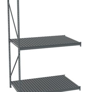 Industrial metal shelving unit with three spacious horizontal shelves, supported by vertical beams and diagonal braces. The shelves appear to be made of slatted metal, offering storage in a warehouse or garage setting.