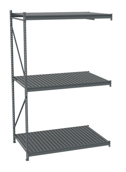 Industrial metal shelving unit with three spacious horizontal shelves, supported by vertical beams and diagonal braces. The shelves appear to be made of slatted metal, offering storage in a warehouse or garage setting.