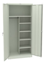 A light gray metal storage cabinet is open, showing its interior. On the left, theres a hanging rod and open space. On the right, there are multiple adjustable shelves. The cabinet has a plain, minimalist design.