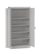 A tall, gray metal storage cabinet with two open doors, revealing five evenly spaced shelves. The cabinet has a lock on the right door. The interior is empty, and the surface is smooth and matte.