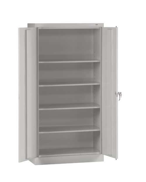 vcniorwxfi97fmhvmjeg.jpg A tall, gray metal storage cabinet with two open doors, revealing five evenly spaced shelves. The cabinet has a lock on the right door. The interior is empty, and the surface is smooth and matte.