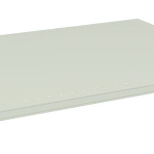 A light gray metal shelf with a perforated design on the sides and a smooth surface, viewed from a slight angle, showing its flat and rectangular shape.