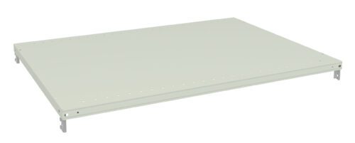 vcszenonddsqjneyzkuc.jpg A light gray metal shelf with a perforated design on the sides and a smooth surface, viewed from a slight angle, showing its flat and rectangular shape.