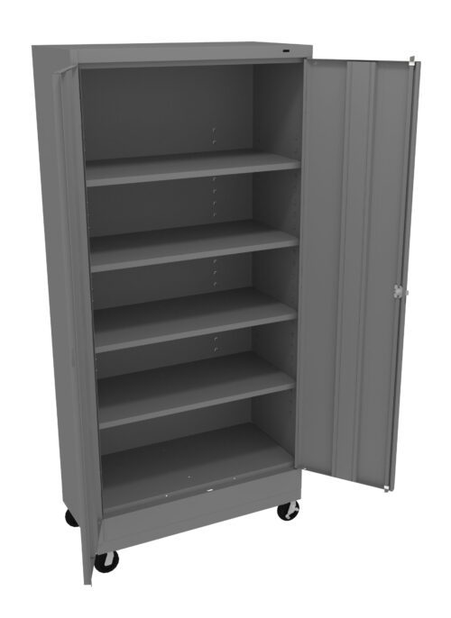 vcul9q09kiw5lkiizkaq.jpg A gray metal cabinet on wheels with one door open, revealing five empty shelves.