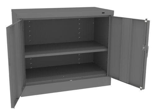 vd8vxa0wajgaanov88ec.jpg Gray metal storage cabinet with two doors open, revealing an empty interior with two adjustable shelves. The cabinet has a simple, industrial design with a flat top and hinge mechanisms visible on the doors.