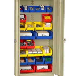 A beige storage cabinet with open doors, revealing various colored bins organized on its shelves. The bins contain assorted hardware items like screws, nuts, and bolts. Bins are red, blue, and yellow, neatly arranged on five shelves.