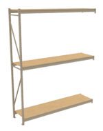 A tall, empty, beige metal shelving unit with three shelves, viewed in a side profile. The structure is industrial and sturdy, designed for storage in warehouses or garages. The shelves are made of a wood-like material.