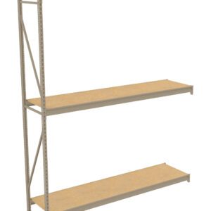 A tall, empty, beige metal shelving unit with three shelves, viewed in a side profile. The structure is industrial and sturdy, designed for storage in warehouses or garages. The shelves are made of a wood-like material.
