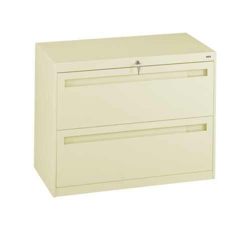 A beige, two-drawer filing cabinet with a flat top. The cabinet features a keyhole lock on the upper drawer and sleek, integrated handles on both drawers. The surface is smooth and clean, with no visible labels or markings.