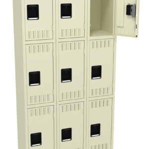 A beige metal storage unit with nine lockers arranged in a 3x3 grid. The top right locker door is open, revealing an empty interior. Each locker has a black rectangular handle and ventilation slits.