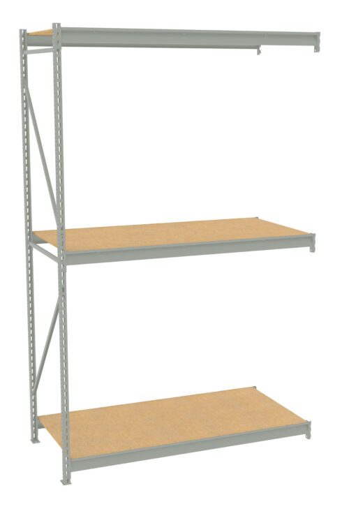 A three-tier industrial metal shelving unit with light brown wooden shelves. The frame is made of grey metal, and the design is simple and open, showcasing two vertical supports on the left side.