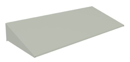 A light gray, rectangular metal awning with a sloped surface designed for installation over doors or windows. It has a simple, minimalist design and is slightly elevated from the base on one side.