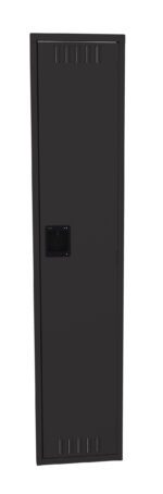 Tall, black metal storage locker with a single door and a small rectangular handle. The door features subtle ventilation slits at the top and bottom.