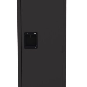 Tall, black metal storage locker with a single door and a small rectangular handle. The door features subtle ventilation slits at the top and bottom.