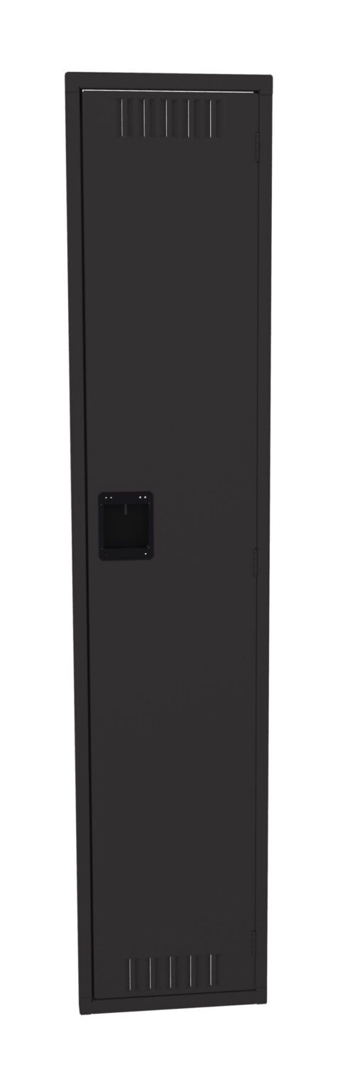 Tall, black metal storage locker with a single door and a small rectangular handle. The door features subtle ventilation slits at the top and bottom.