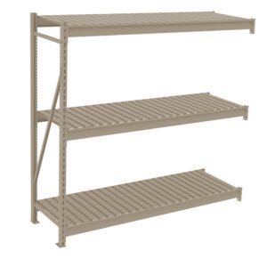 A beige, three-tiered metal shelving unit with slatted shelves and a vertical support frame on the left side. The design is industrial, suitable for storage or warehouse use.