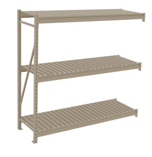 A beige, three-tiered metal shelving unit with slatted shelves and a vertical support frame on the left side. The design is industrial, suitable for storage or warehouse use.
