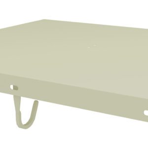 A beige, rectangular metal panel with holes and a supporting hook underneath, designed for mounting or installation purposes, is shown on a white background.