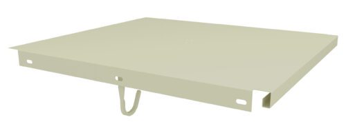 A beige, rectangular metal panel with holes and a supporting hook underneath, designed for mounting or installation purposes, is shown on a white background.