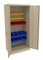 Open beige storage cabinet with three shelves of colorful bins: five yellow bins on the top, five red bins in the middle, and five blue bins on the bottom. The cabinet doors are open.