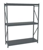 A gray metal storage shelf with three tiers, featuring vertical support beams and cross-bracing. The shelves have evenly spaced slats and the entire structure stands on a flat surface, suitable for organizing and storing items.