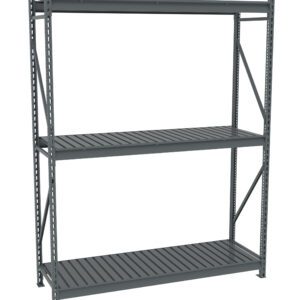 A gray metal storage shelf with three tiers, featuring vertical support beams and cross-bracing. The shelves have evenly spaced slats and the entire structure stands on a flat surface, suitable for organizing and storing items.