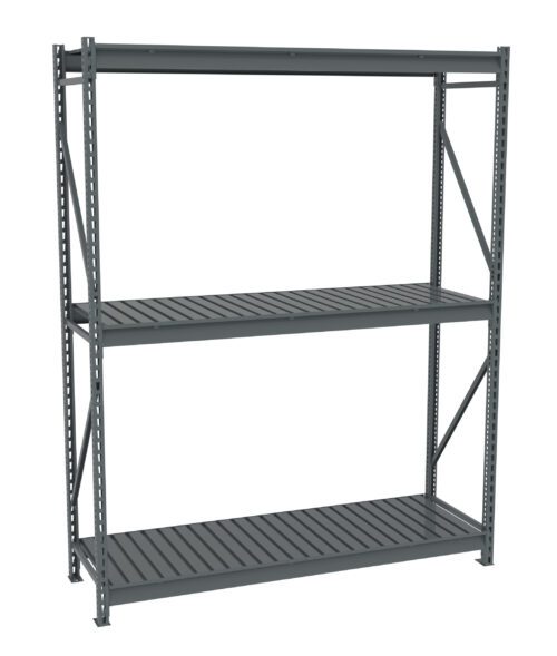 A gray metal storage shelf with three tiers, featuring vertical support beams and cross-bracing. The shelves have evenly spaced slats and the entire structure stands on a flat surface, suitable for organizing and storing items.