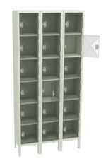 A three-column locker unit with five rows, totaling fifteen compartments. Each locker has a metal door, with one door open showing an empty interior. The lockers are light-colored and stand on a basic frame.