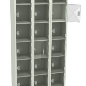 A three-column locker unit with five rows, totaling fifteen compartments. Each locker has a metal door, with one door open showing an empty interior. The lockers are light-colored and stand on a basic frame.