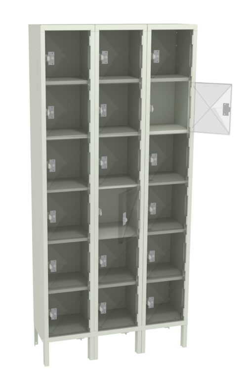 A three-column locker unit with five rows, totaling fifteen compartments. Each locker has a metal door, with one door open showing an empty interior. The lockers are light-colored and stand on a basic frame.